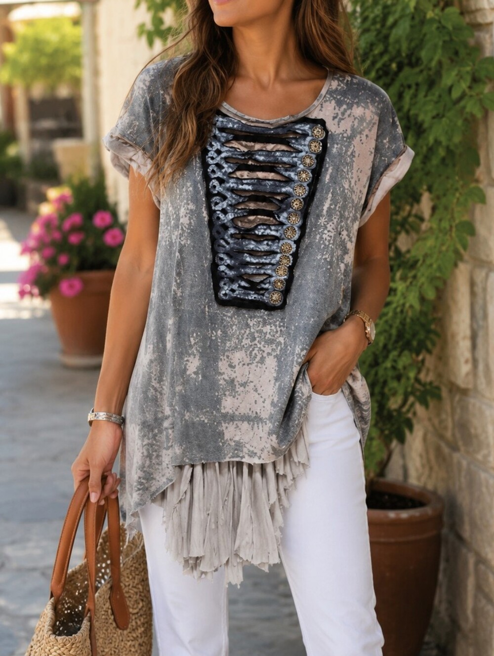 NEXT Neutral Beige Graphic Tunic Top Asymmetrical Hem Short Sleeve Boho Festival